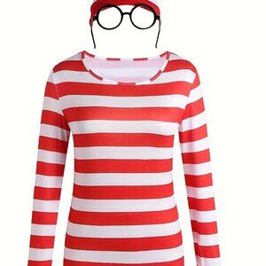LICENSED WHERE'S WALDO WOMEN'S 2PC COSTUME SHIRT AND GLASSES S/M